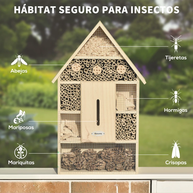 Outsunny Hotel de Insectos de 5 Pisos Casa de Insectos de Madera y Bambú para Abejas Mariposas Mariquitas Uso Exterior en Jardín 32x12,5x57 cm Color Natural