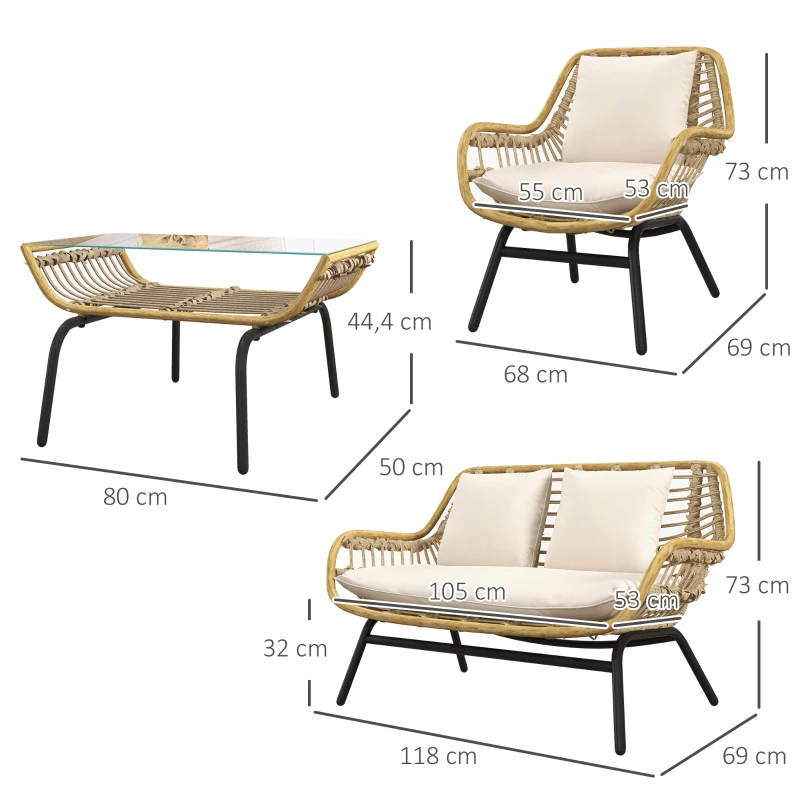 Outsunny Set da Giardino 4 Pezzi in Rattan PE e Metallo con Divanetto, 2 Sedie e Tavolino da Caffè, Beige