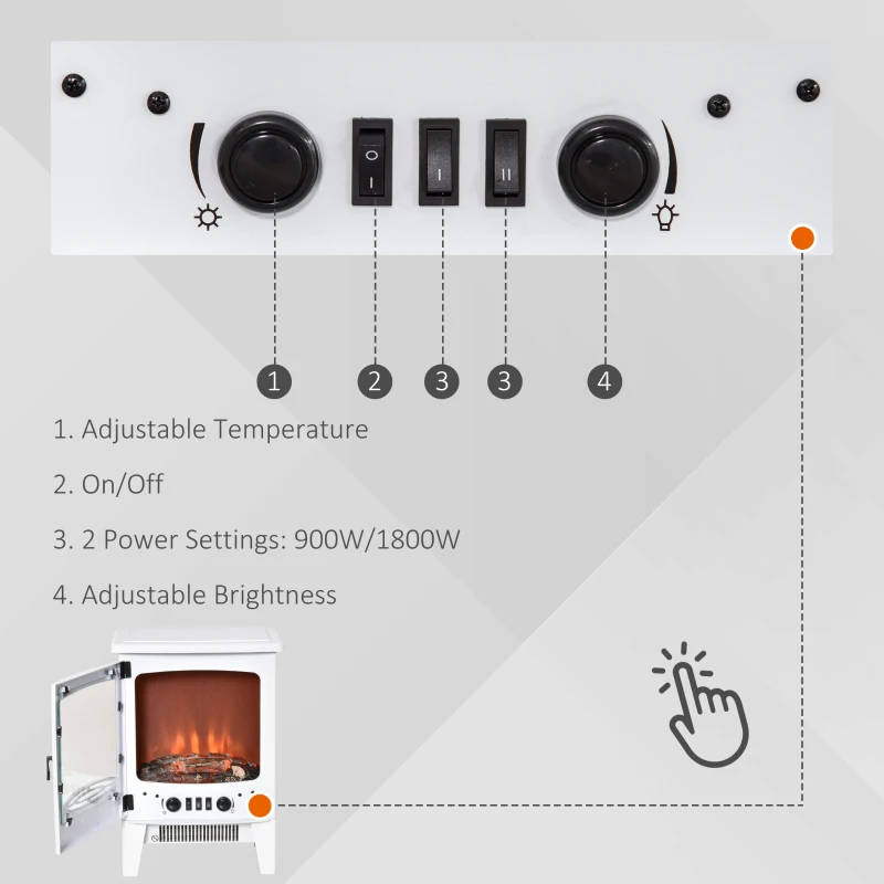 HOMCOM Electric Fireplace Stove, Free standing Fireplace Heater with Realistic LED Flame Effect and Adjustable Brightness, Overheat Safety Protection, 900W/1800W, White