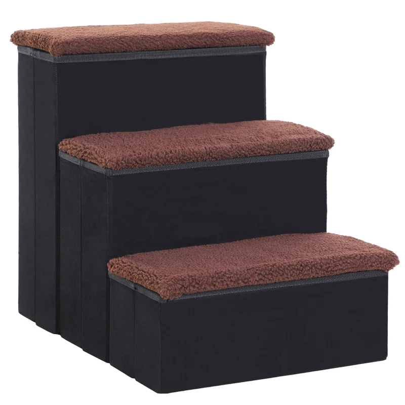 PawHut Escalera para Mascotas de 3 Peldaños Plegable con Tapas Abatibles y Espacio de Almacenamiento 3 Escalones de Perros Gatos Pequeños de Vellón Bereber para Cama Sofá 40x54x48 cm Negro