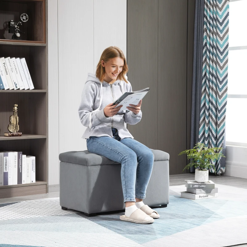 HOMCOM Banc Banquette Pouf Tabouret de Rangement avec 2 Petits Tabourets Peluche Courte 75 X 40 X 24cm Gris Clair