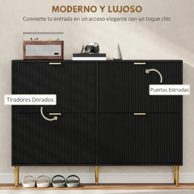 HOMCOM Zapatero Estrecho con 4 Puertas Acanaladas con Estantes Ajustables para 20 Pares 105x24x91,5 cm Negro