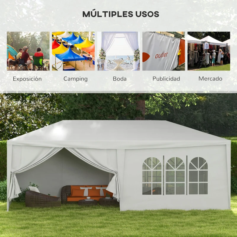 Outsunny Cenador Desmontable de Exterior 6x3 m con 4 Ventanas 2 Puertas con Cremallera 6 Paredes Laterales e Impermeable Blanco