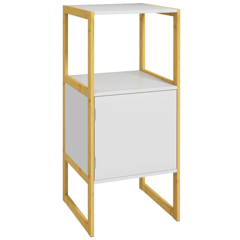 HOMCOM Meuble de rangement pour salle de bain avec cadre en bambou, étagère ouverte et porte à ouverture par pression, blanc