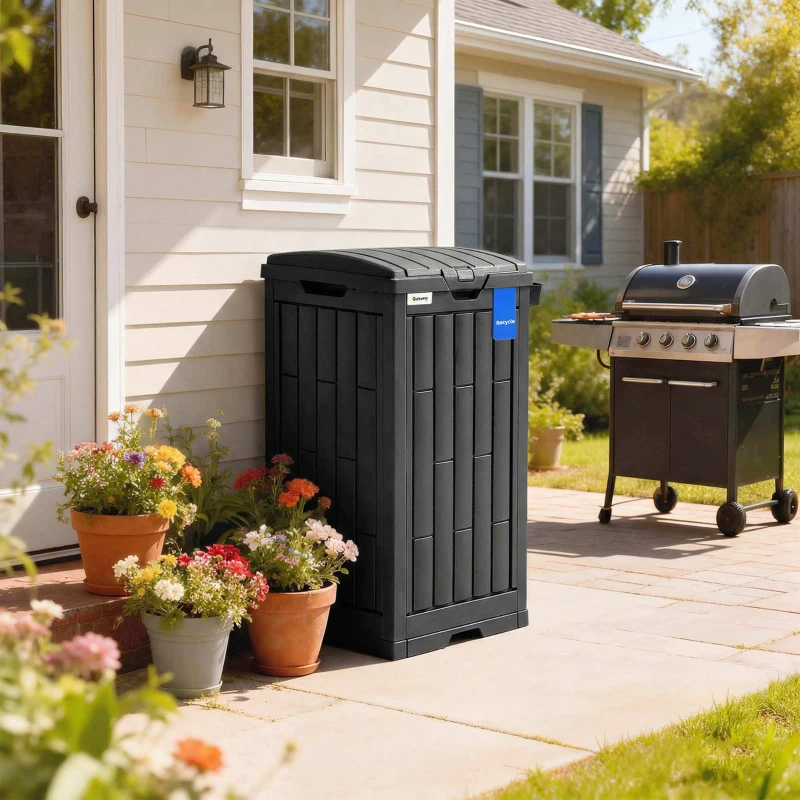 Outsunny 110 L Outdoor Bin with Dual Lid, Waterproof Plastic Trash Bin with Ashtray and Drip Tray, Garden Waste Trash Bin, Black