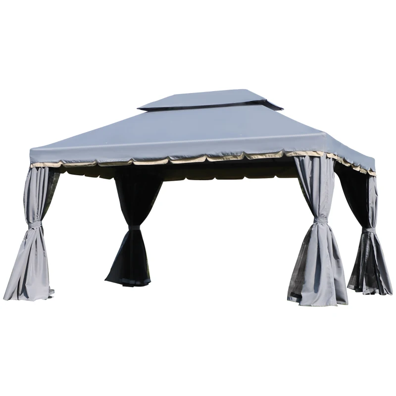 Outsunny Cenador de Jardín 4x3m Pabellón de Jardín Gazebo con Doble Techo Estructura de Aluminio UPF50+ para Exterior Gris