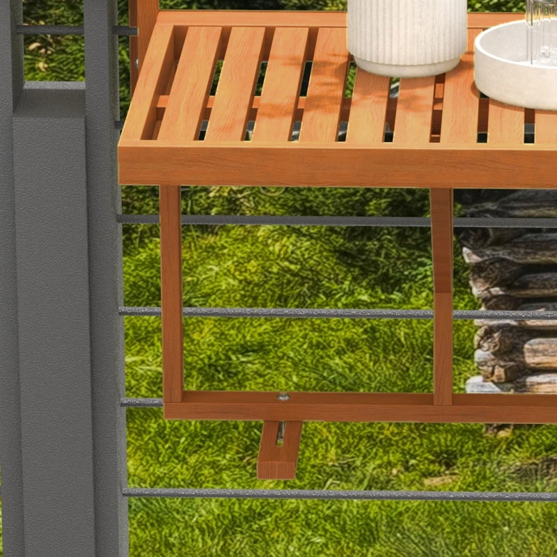 Outsunny Tavolino da Ringhiera per Balcone Pieghevole e Regolabile in Legno, Colore Teak