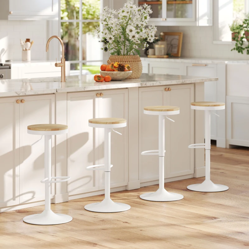 HOMCOM Juego de 2 Taburetes Altos de Cocina con Altura Ajustable Asiento de Madera Marco de Acero y Reposapiés Natural y Blanco