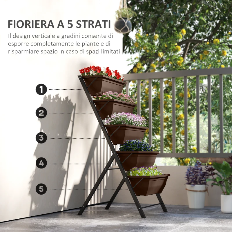 Outsunny Portapiante Verticale a 5 Livelli con 5 Vasi con Fori di Drenaggio, in Acciaio e PE, 55x63x120 cm, Marrone