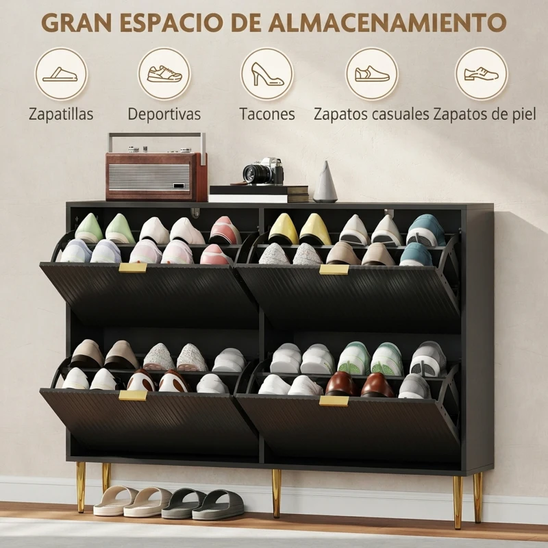 HOMCOM Zapatero Estrecho con 4 Puertas Acanaladas con Estantes Ajustables para 20 Pares 105x24x91,5 cm Negro