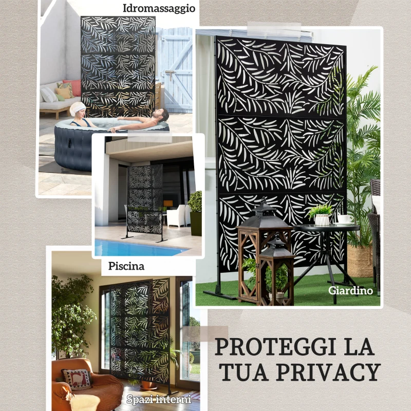 Outsunny Paravento da Esterno in Acciaio con Motivi a Salice e 2 Piedini, 122x45x198 cm, Nero