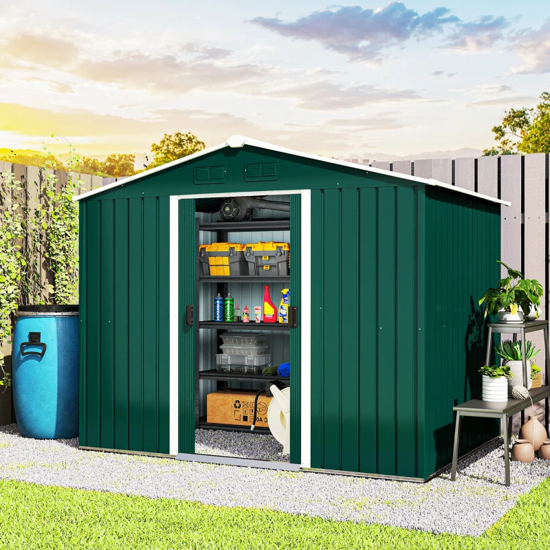 Outsunny Casetta da Giardino 3.6m² in Lamiera di Acciaio con 2 Porte Scorrevoli e 4 Prese d'Aria, 236x174x190 cm, Verde