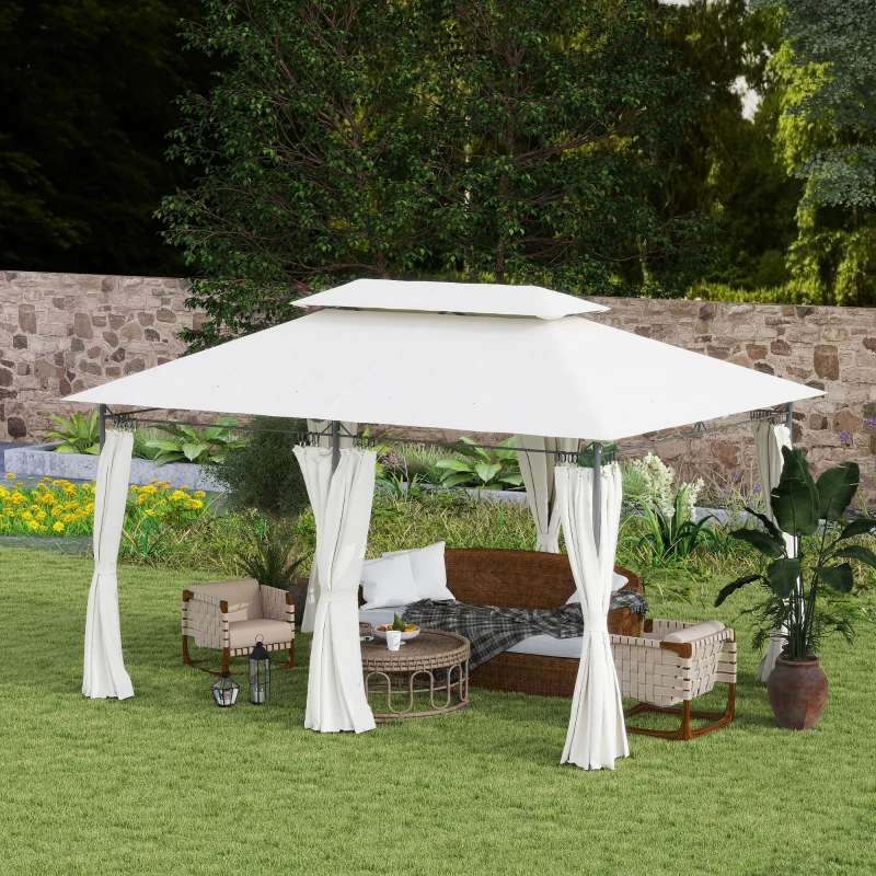Outsunny Gazebo da Giardino 3x4 m con Tende Rimovibili, Doppio Tetto e Struttura in Metallo, Crema