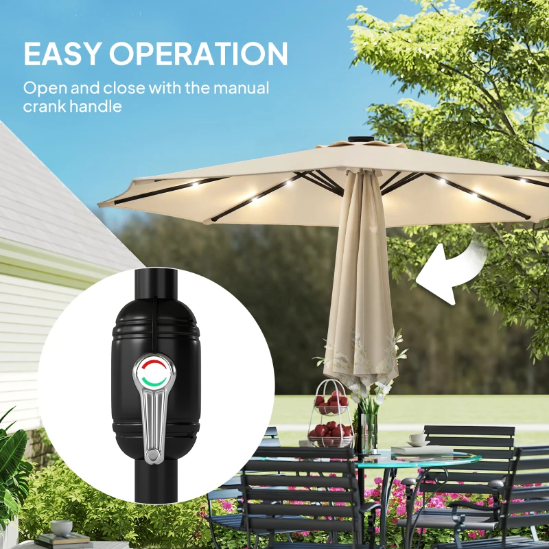 Outsunny 2.6 m Garden Parasol Umbrella with LED Solar Light, Parasol Cover, Outdoor Market Patio Umbrella, Beige