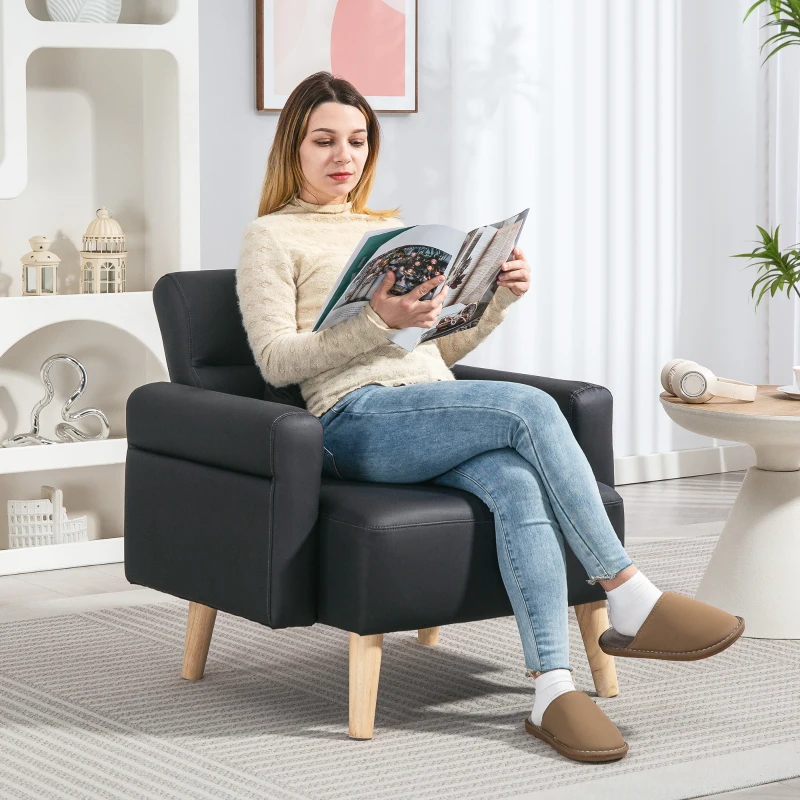 HOMCOM Sillón Tapizado en Cuero Sintético Respaldo con Costuras y Patas de Madera para Salón o Dormitorio 77x78x78 cm Negro