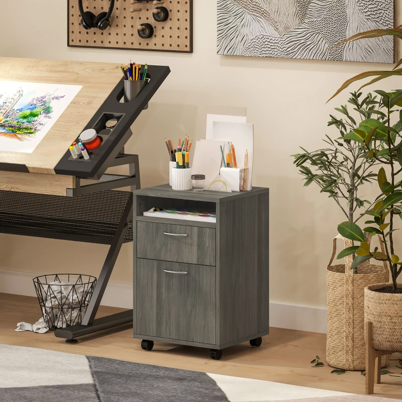 HOMCOM Filing Cabinet, Mobile File Cabinet with 2 Drawers, Office Home Organiser on Wheels for A4, Letter-Size File Folders, Mobile Printer with Open Shelf, Grey
