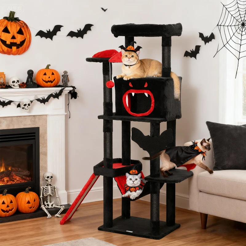 PawHut Gothic Cat Tree, 152 cm Multi-Level Cat Tower for Large Cats with Coffin Bed, Large Condo, for Halloween