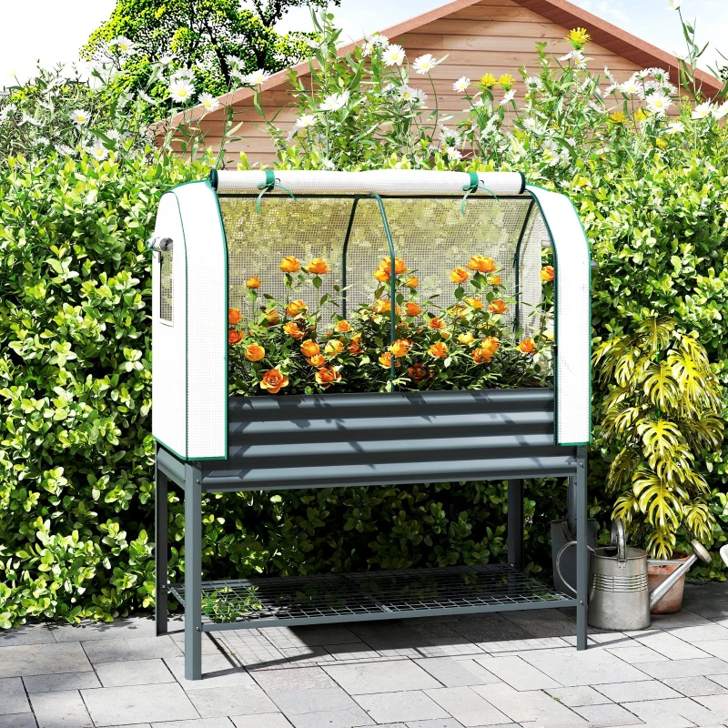 Outsunny Hochbeet mit Frühbeetaufsatz aus Metall Pflanzkasten mit Gewächshaus Ablagefach, Erhöht 120 x 55 x 140cm