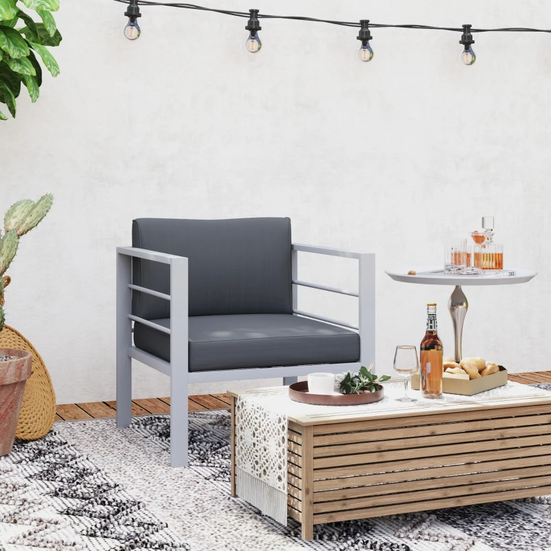 Outsunny Garden Sofa, All-Weather Garden Single Sofa with Removable Cushions, Metal Frame Outdoor Furniture for Balcony, Charcoal Grey