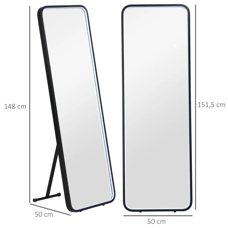 HOMCOM Espejo de Cuerpo Entero con Luces LED Espejo de Pie 151,5x50 cm Independiente o Pared con Luz Ajustable de 3 Colores