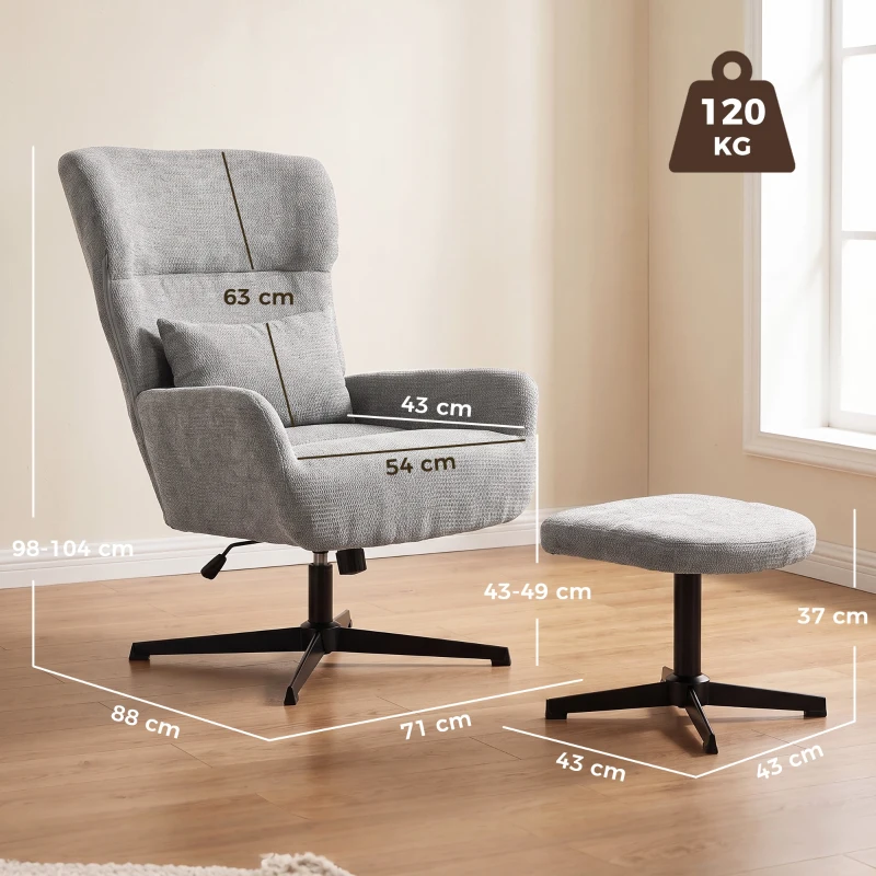 HOMCOM Obrotowy fotel lounge 360° z podnóżkiem, regulowany wysokością, obicie chenille, z poduszką lędźwiową, kremowo-biały