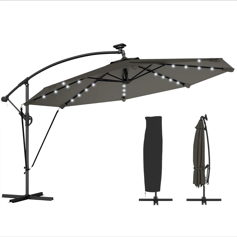 Outsunny Parasol Excéntrico con Luces LED Solares Ø345 cm Sombrilla Jardín de Aluminio con Base Cruzada Manivela Funda Gris