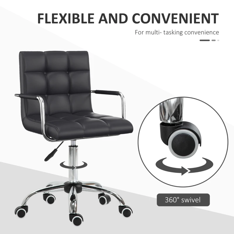 HOMCOM PU Leather Home Office Chair, Makeup Vanity Desk Chair with Mid Back, Armrest, Swivel Wheels, Adjustable Height, Black