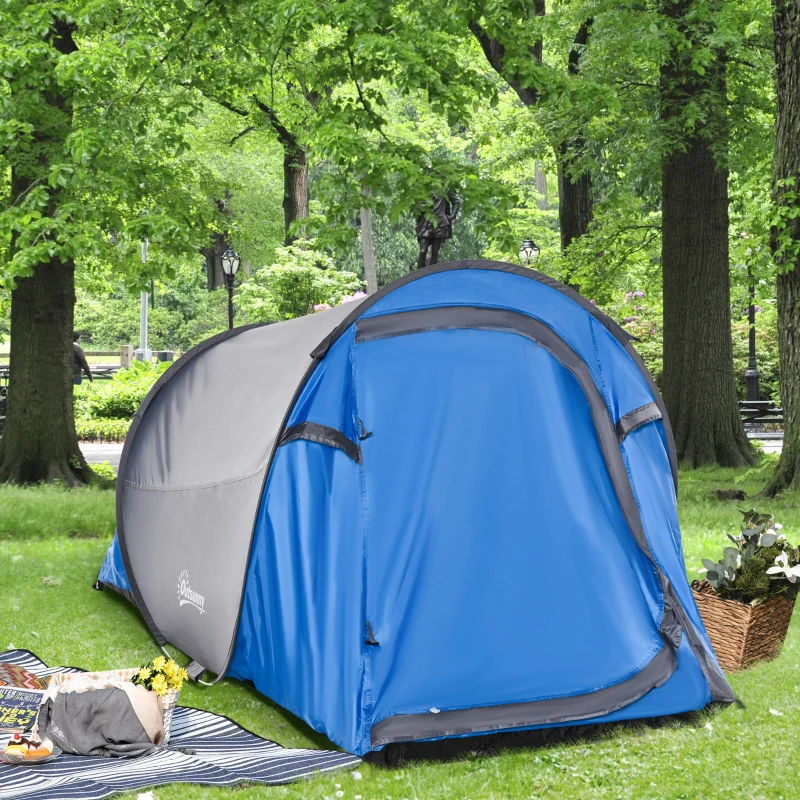 Outsunny Tente pop up montage instantané - tente de camping 2 pers.  - 1 porte + 2 fenêtres - dim. 2,2L x 1,08l x 1,1H m - fibre verre polyester bleu gris