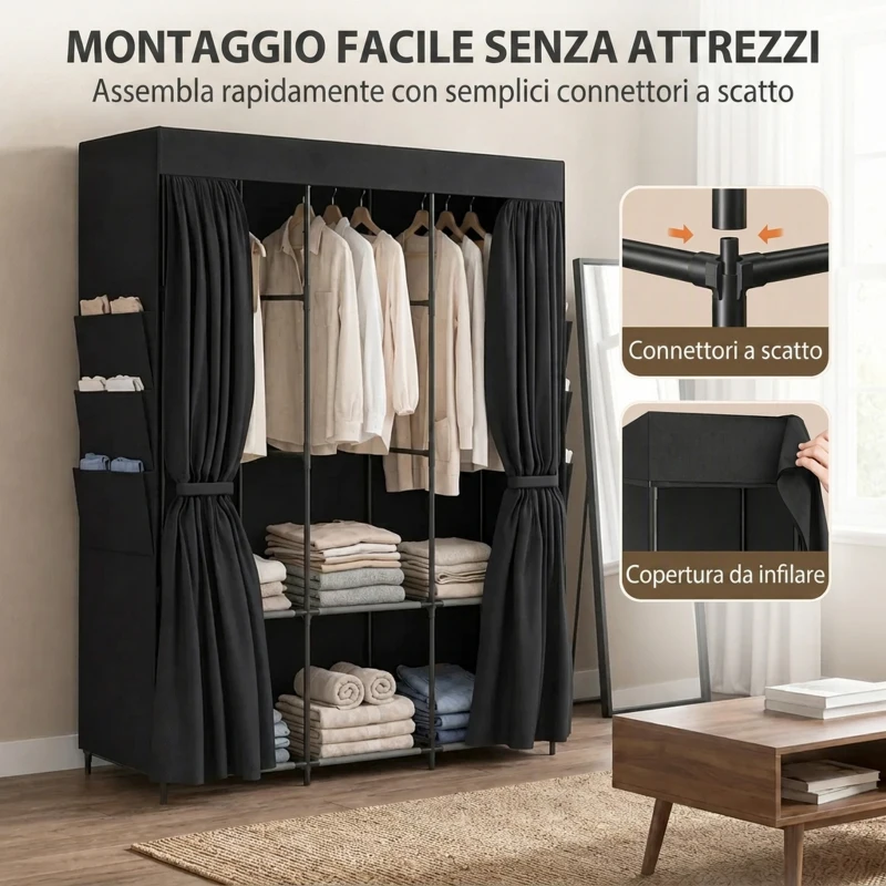 HOMCOM Armadio in Tessuto Salvaspazio con 3 Aste, 3 Ripiani, 6 Tasche Laterali, Ante Antipolvere con Zip, Nero