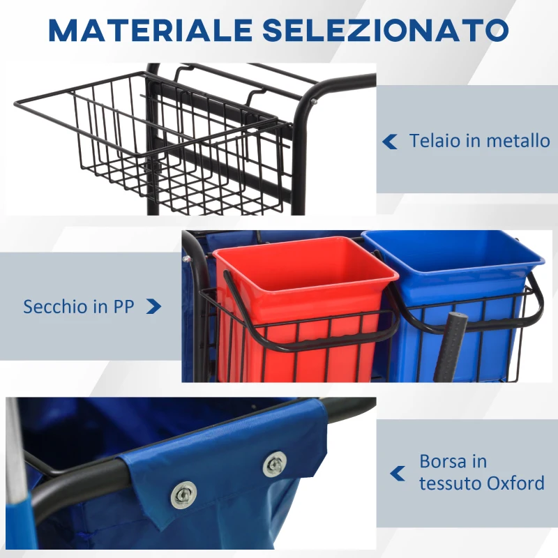 HOMCOM Carrello Pulizie con Sacco per Immondizia, 4 Secchi e Strizzatore per Mocio, 93x80x97 cm, Rosso Blu e Nero