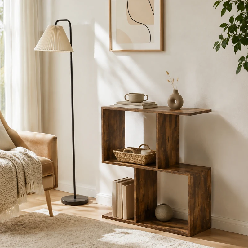 HOMCOM Mesa de apoio em forma de S, mesa estreita de 3 níveis com compartimentos para sala de estar e quarto, Castanho rústico