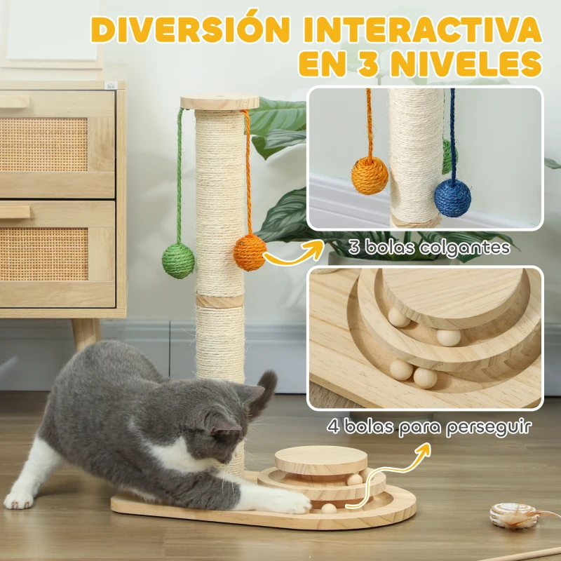 PawHut Poste Rascador para Gatos Altura 56,5 cm con 3 Bolas Colgantes Juguete de Pelota de Pista Madera Natural