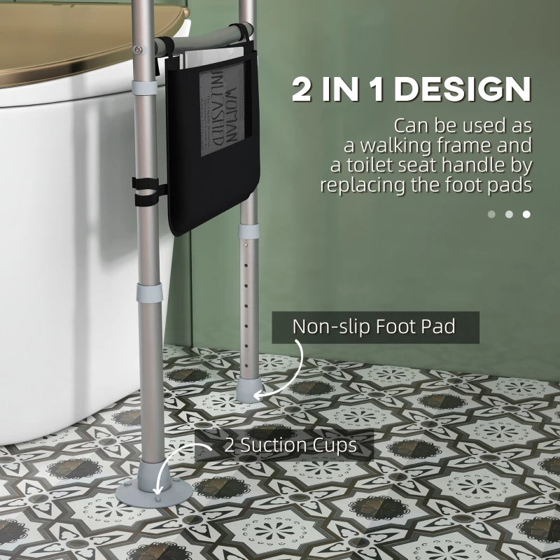 HOMCOM Free Standing Toilet Frame, Height and Width Adjustable Toilet Safety Frame with Arms, 2 Additional Suction Cups, Storage for Elderly, Disabled, Handrail Grab Bar, 136kg Weight Capacity