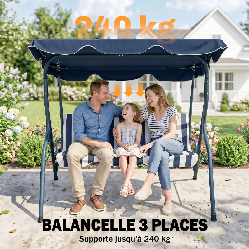 Outsunny Balancelle de Jardin 3 Places Toit imperméabilisé Inclinaison réglable Coussins Assise Dossier Bleu Blanc rayé