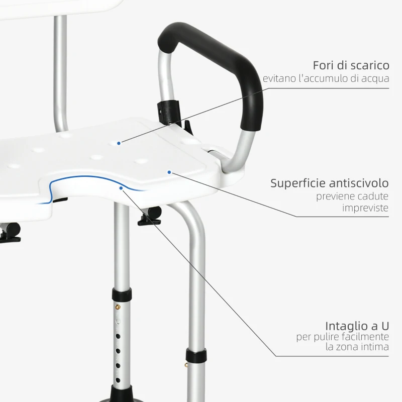 HOMCOM Sedia per doccia per Anziani, Disabili e Donne Incinte Imbottita con forma a U, 54x52x70-82cm, Bianco