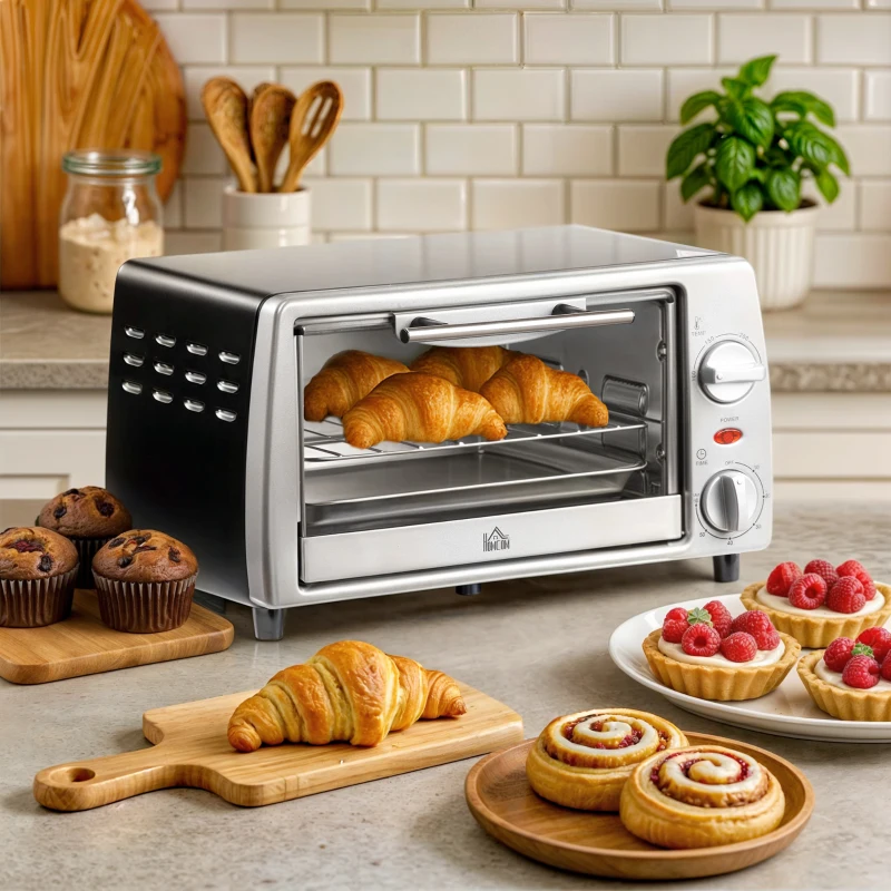 HOMCOM Horno Eléctrico de Sobremesa 10 Litros 750W Mini Horno Tostador con Temperatura hasta 230 ℃ Temporizador 60 Minutos Bandeja y Rejilla 36,5x26x22 cm Plata