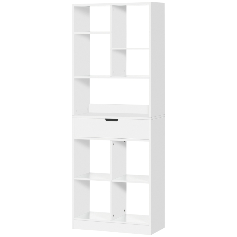 HOMCOM Estantería de Madera con 1 Cajón y 9 Compartimentos Mueble Librería para Salón Oficina Estudio 60x26x158cm Blanco