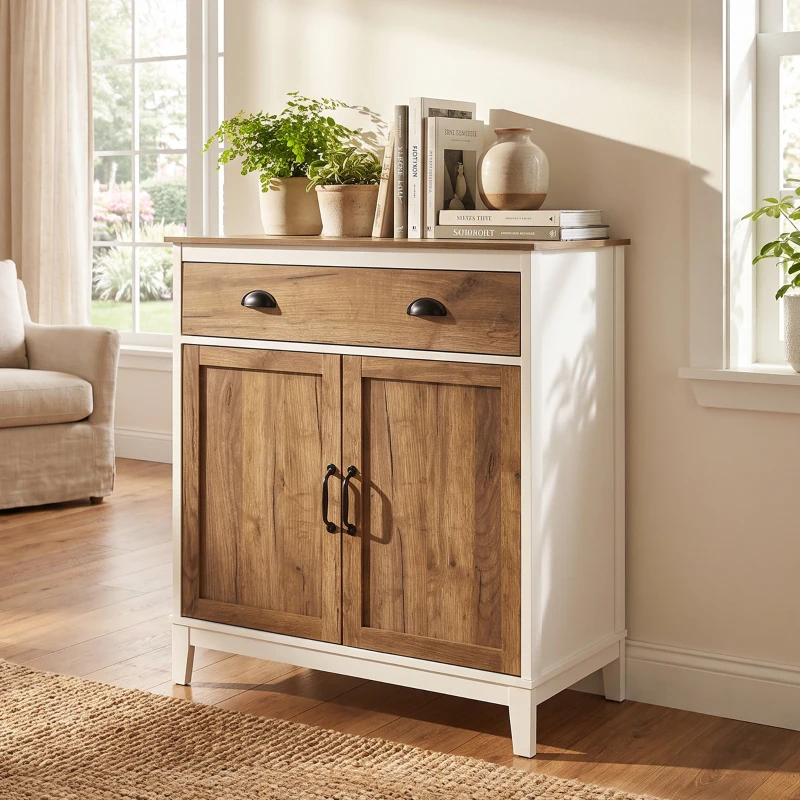 HOMCOM Buffet Salon, Meuble de Rangement avec 2 Portes, Tiroir, Étagère Réglable, 78,5 x 39 x 89,4 cm, Blanc et Chêne