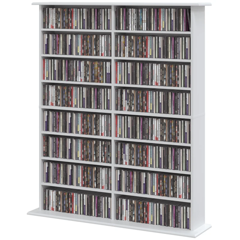 HOMCOM Regał multimedialny, 8 poziomów, regał na DVD z 12 regulowanymi półkami, 16 przegród, pojemność 720 CD, biały