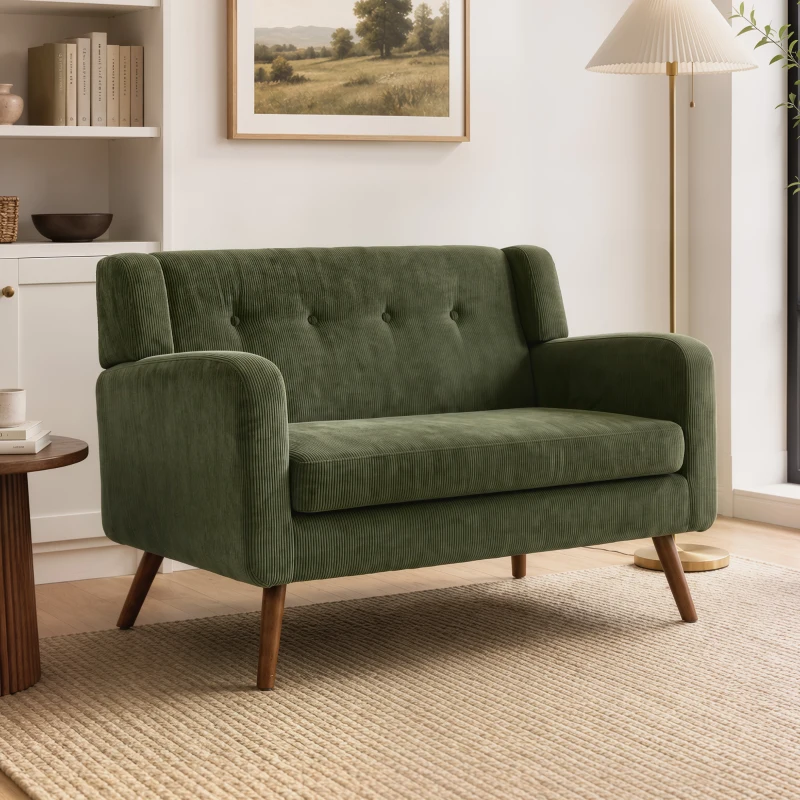 HOMCOM 2 Seater Sofa, 118 cm Corduroy Small Loveseat with Spring Cushion, Wood Legs for Small Space, Living Room, Dark Green