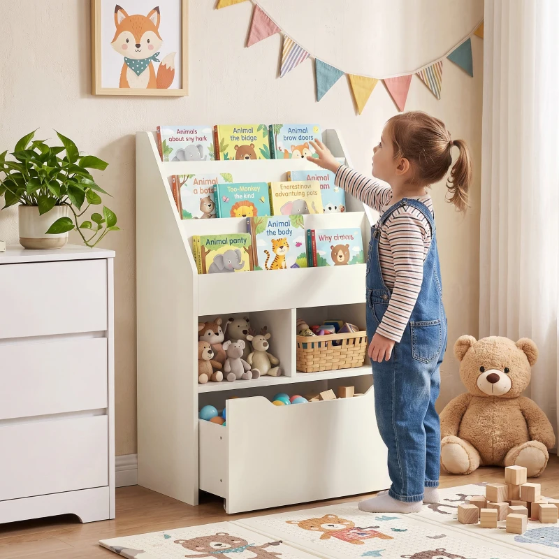 HOMCOM Kinderregal mit Schublade, Bücherregal mit Fächern, 60 x 29,9 x 90 cm, Weiß