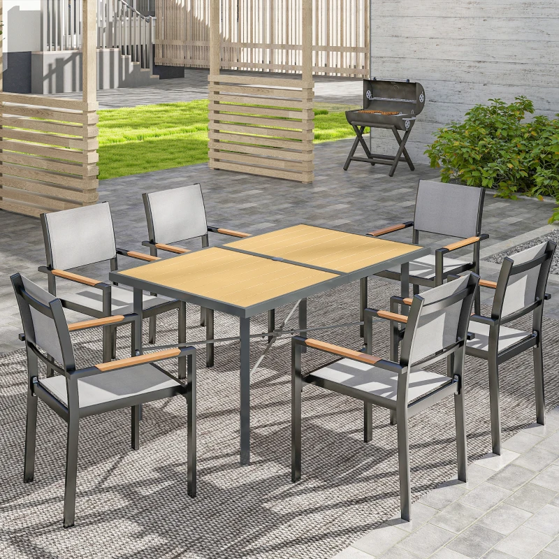 Outsunny Garden Table for 6, 150 cm Rectangular Outdoor Dining Table with 5 cm Umbrella Hole, Wood Effect Top, Rust Resistant Frame, for Patio, Balcony, Terrace, Natural Wood Finish