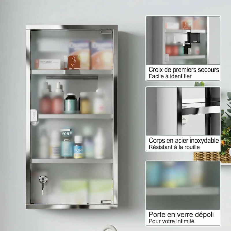 HOMCOM Armadietto Medicinale Cassetta Porta Medicina a Quattro Ripiani in Acciaio Inox 30 x 12 x 60cm