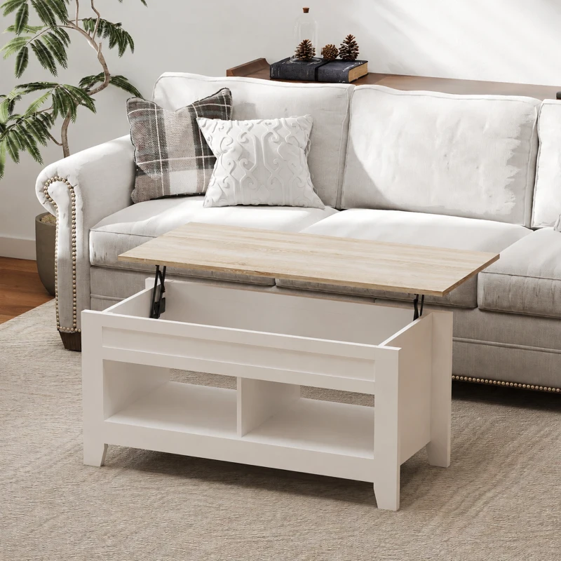 HOMCOM Table basse plateau relevable, table de salon avec étagères et compartiment caché,105 x 50 x 49-62,5 cm blanc