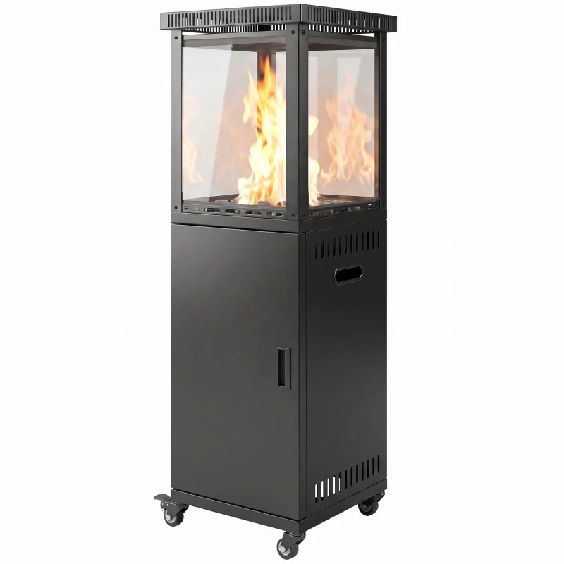 Outsunny Estufa de Gas para Terraza 13 kW con Encendido Piezoeléctrico Antivuelco 4 Ruedas Vidrio Templado Piedras de Lava Negro