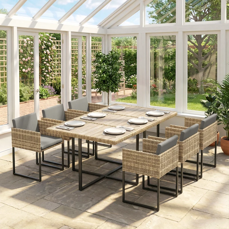 Outsunny 7 Piece Rattan Garden Furniture Set, Garden Dining Set with Wood-Plastic Table and 6 Stackable Chairs, Light Brown