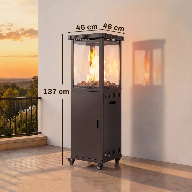 Outsunny Estufa de Gas para Terraza 13 kW con Encendido Piezoeléctrico Antivuelco 4 Ruedas Vidrio Templado Piedras de Lava Negro