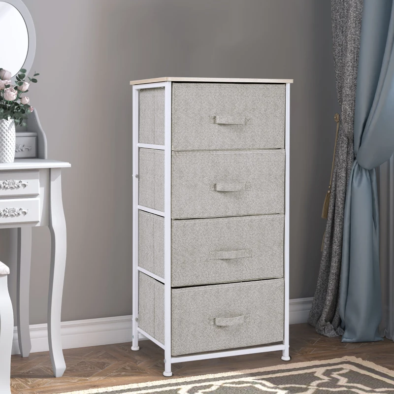 HOMCOM Commode en Tissu Meuble de Rangement 4 tiroirs chiffonnier dim. 45L x 30l x 92H cm Cadre en métal et non-tissé, blanc