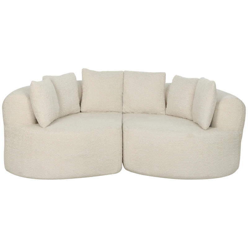 HOMCOM Canapea 3 locuri curbată din chenille 188 cm, canapea pentru living cu șezut adânc, 6 perne, umplutură groasă, crem