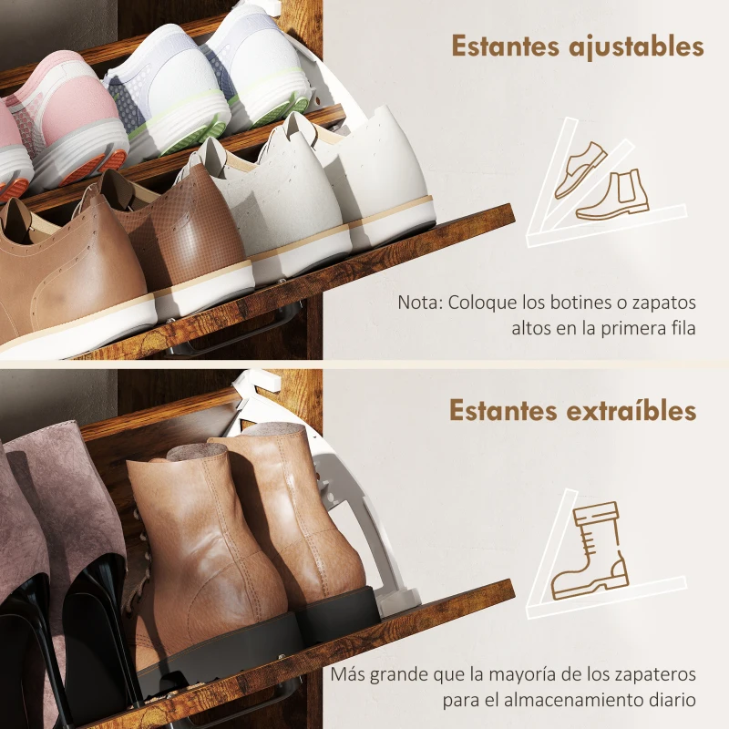 HOMCOM Zapatero Estrecho con 4 Compartimentos Abatibles Divisores Ajustables para 24 Pares con Antivuelco 120x24x103 cm Marrón